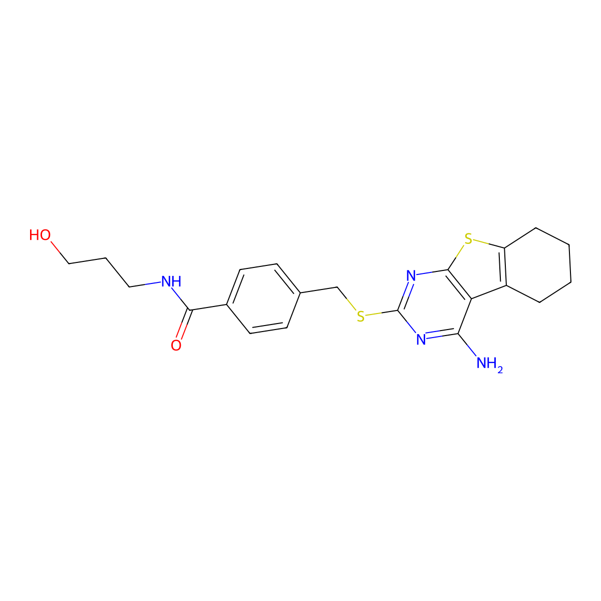 4-[(4-amino-5,6,7,8-tetrahydro-[1]benzothiolo[2,3-d]pyrimidin-2-yl)sulfanylmethyl]-N-(3-hydroxypropyl)benzamide molecular structure, CAS 308298-88-6
