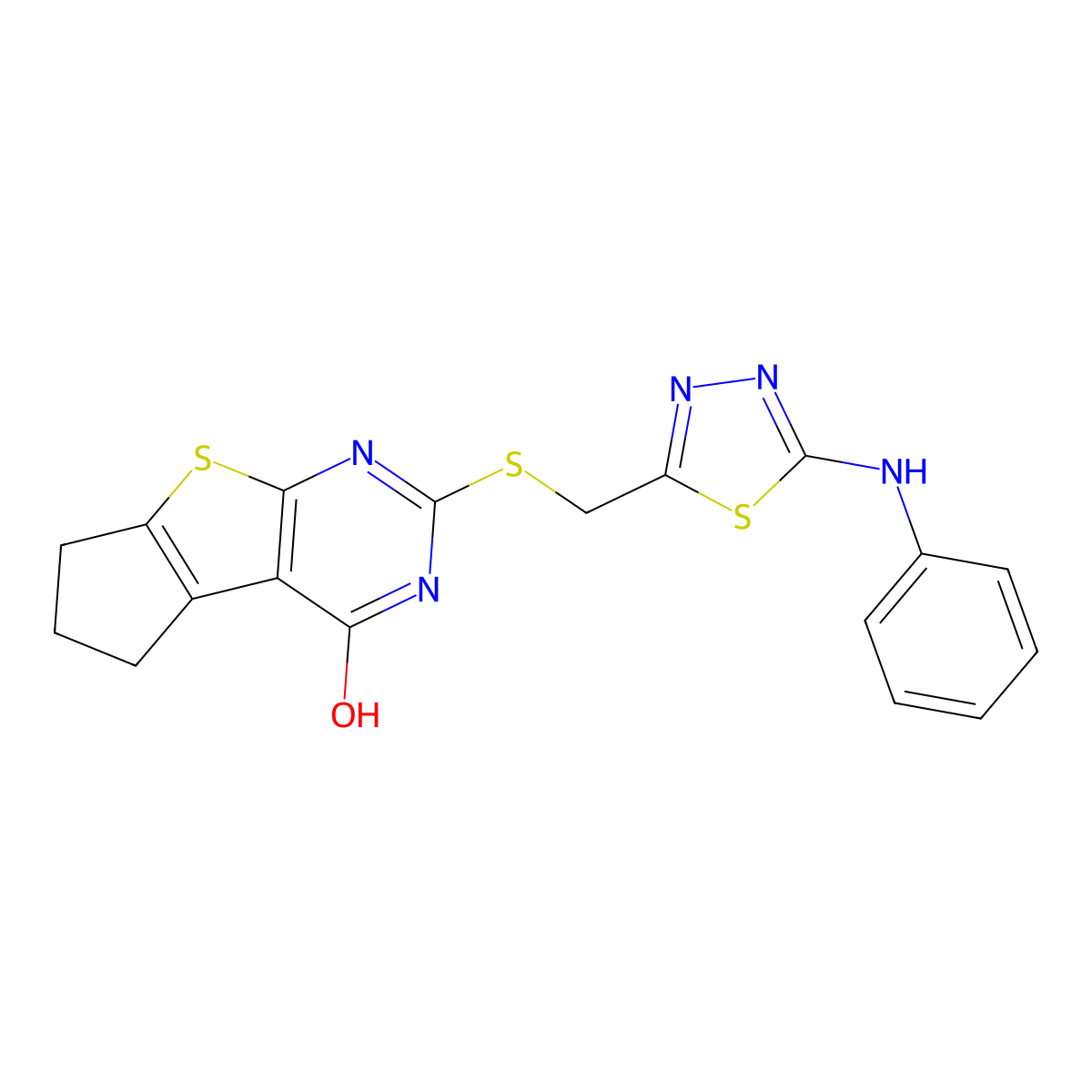 2-(((5-(phenylamino)-1,3,4-thiadiazol-2-yl)methyl)thio)-6,7-dihydro-3H-cyclopenta[4,5]thieno[2,3-d]pyrimidin-4(5H)-one molecular structure, CAS 308298-95-5