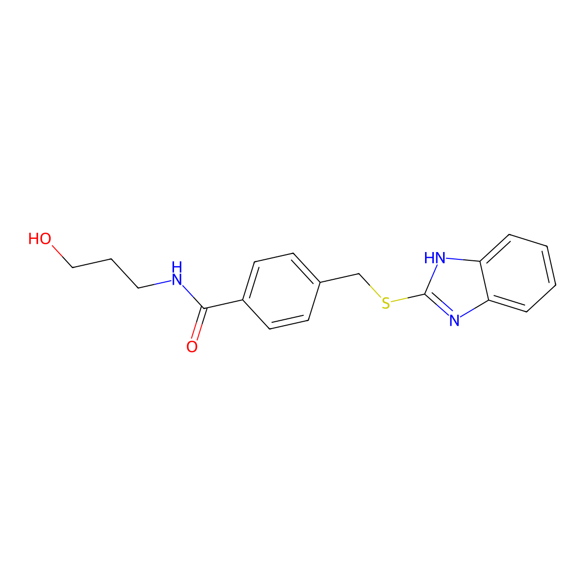 4-(((1H-benzo[d]imidazol-2-yl)thio)methyl)-N-(3-hydroxypropyl)benzamide molecular structure, CAS 308298-96-6