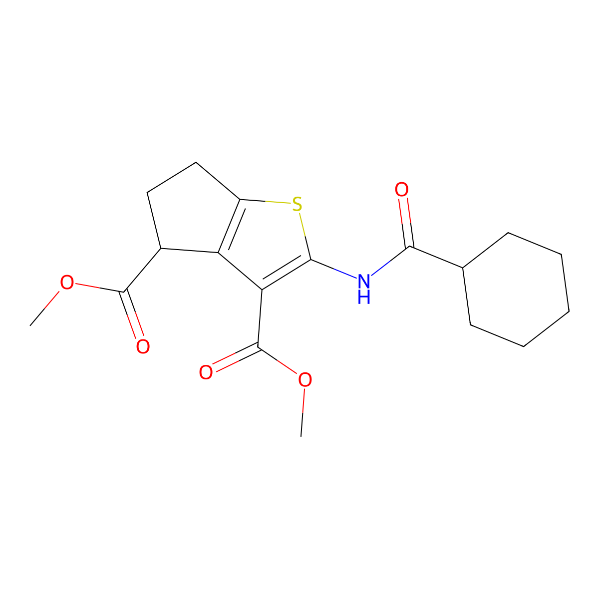 dimethyl 2-[(cyclohexylcarbonyl)amino]-5,6-dihydro-4H-cyclopenta[b]thiophene-3,4-dicarboxylate molecular structure, CAS 308299-19-6