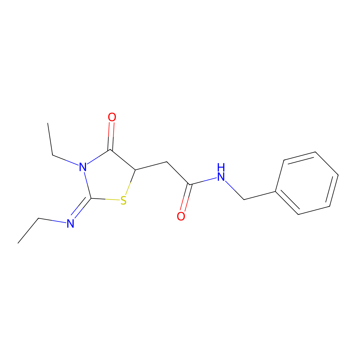 N-benzyl-2-[(2E)-3-ethyl-2-(ethylimino)-4-oxo-1,3-thiazolidin-5-yl]acetamide molecular structure, CAS 308300-18-7