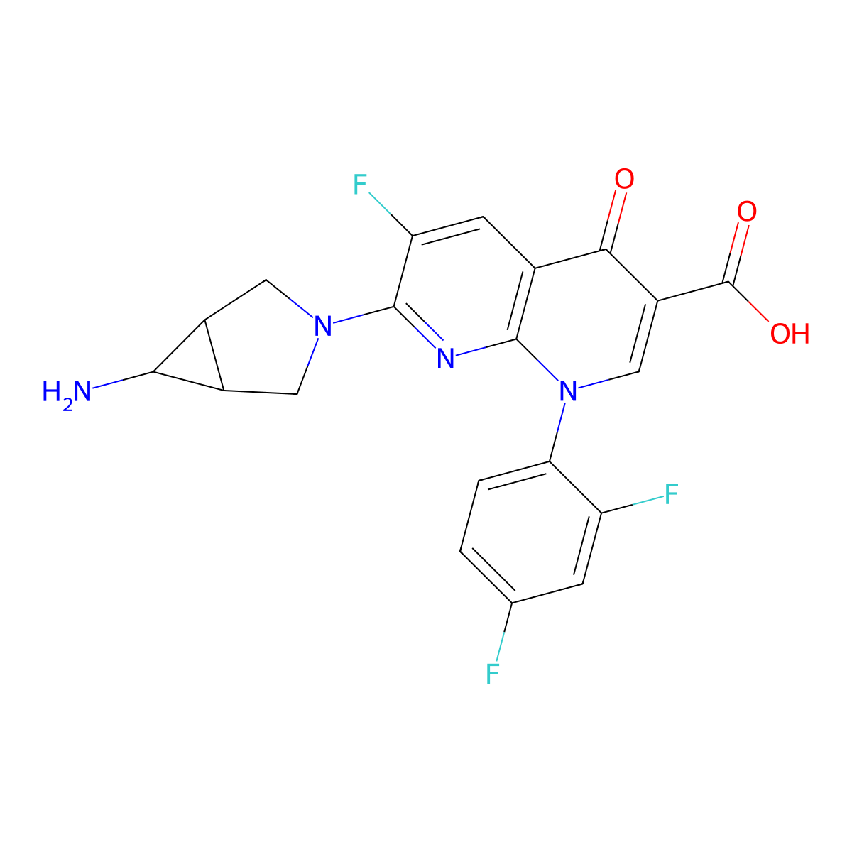 7-(6-Amino-3-azabicyclo[3.1.0]hexan-3-yl)-1-(2,4-difluorophenyl)-6-fluoro-4-oxo-1,8-naphthyridine-3-carboxylic acid molecular structure, CAS 308353-09-5