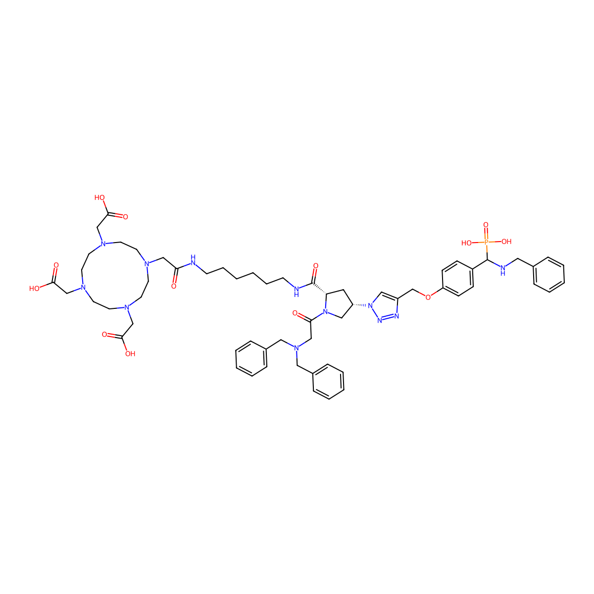 2-[4-[2-[6-[[(2S,4S)-4-[4-[[4-[(benzylamino)-phosphonomethyl]phenoxy]methyl]triazol-1-yl]-1-[2-(dibenzylamino)acetyl]pyrrolidine-2-carbonyl]amino]hexylamino]-2-oxoethyl]-7,10-bis(carboxymethyl)-1,4,7,10-tetrazacyclododec-1-yl]acetic acid molecular structure, CAS 3084147-81-6