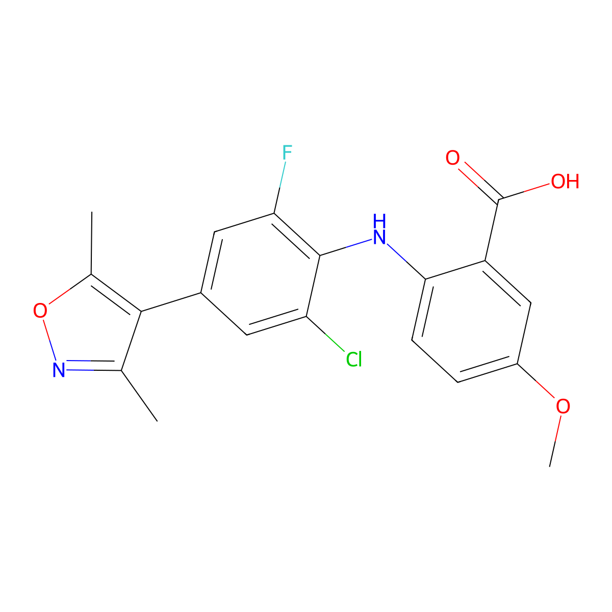 2-[2-Chloro-4-(3,5-dimethyl-1,2-oxazol-4-yl)-6-fluoroanilino]-5-methoxybenzoic acid molecular structure, CAS 3084407-00-8