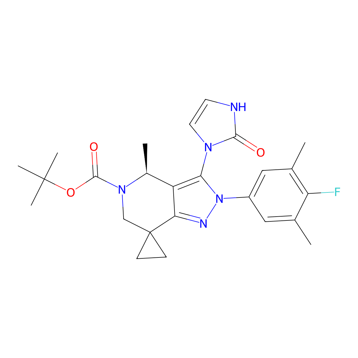 tert-Butyl (S)-2'-(4-fluoro-3,5-dimethylphenyl)-4'-methyl-3'-(2-oxo-2,3-dihydro-1H-imidazol-1-yl)-2',4'-dihydrospiro[cyclopropane-1,7'-pyrazolo[4,3-c]pyridine]-5'(6'H)-carboxylate molecular structure, CAS 3084715-67-0