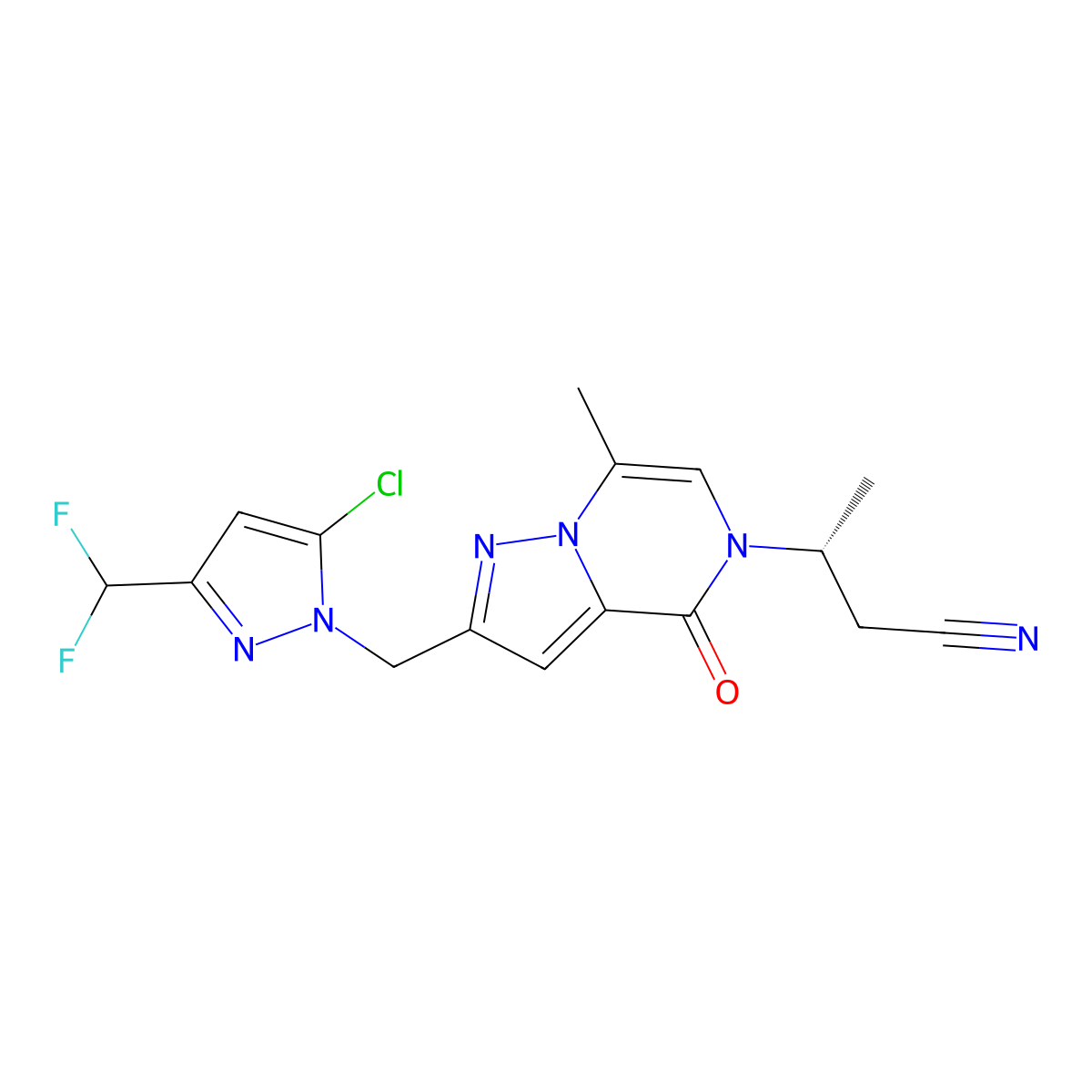 (3R)-3-[2-[[5-chloro-3-(difluoromethyl)pyrazol-1-yl]methyl]-7-methyl-4-oxopyrazolo[1,5-a]pyrazin-5-yl]butanenitrile molecular structure, CAS 3085030-47-0