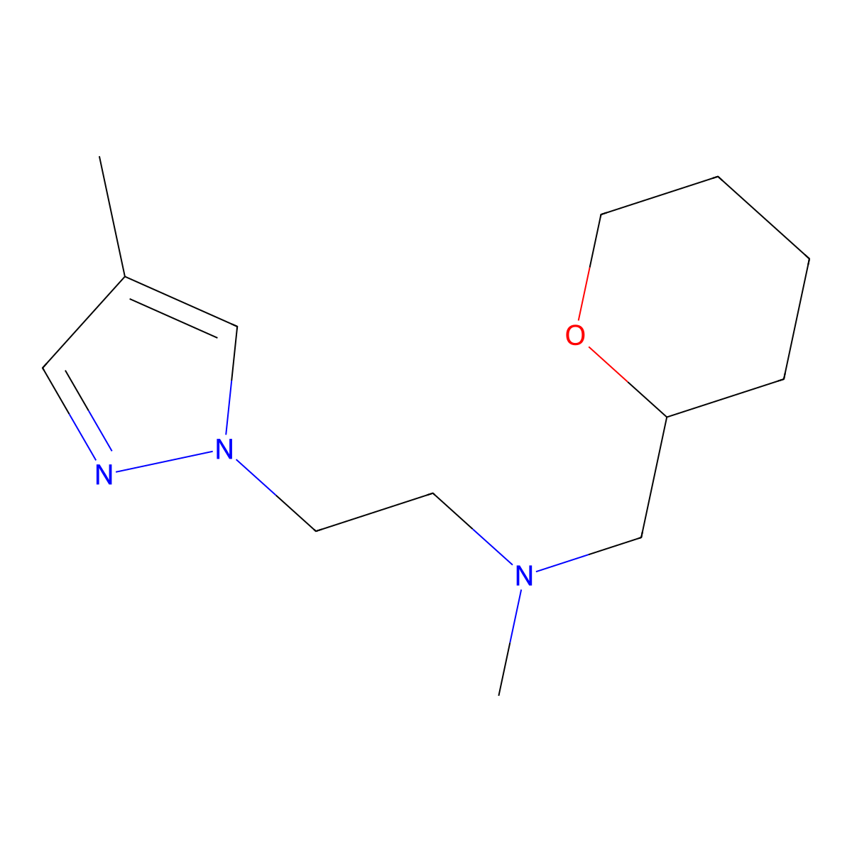 N-methyl-2-(4-methylpyrazol-1-yl)N-(oxan-2-ylmethyl)ethanamine molecular structure, CAS 3085399-69-2