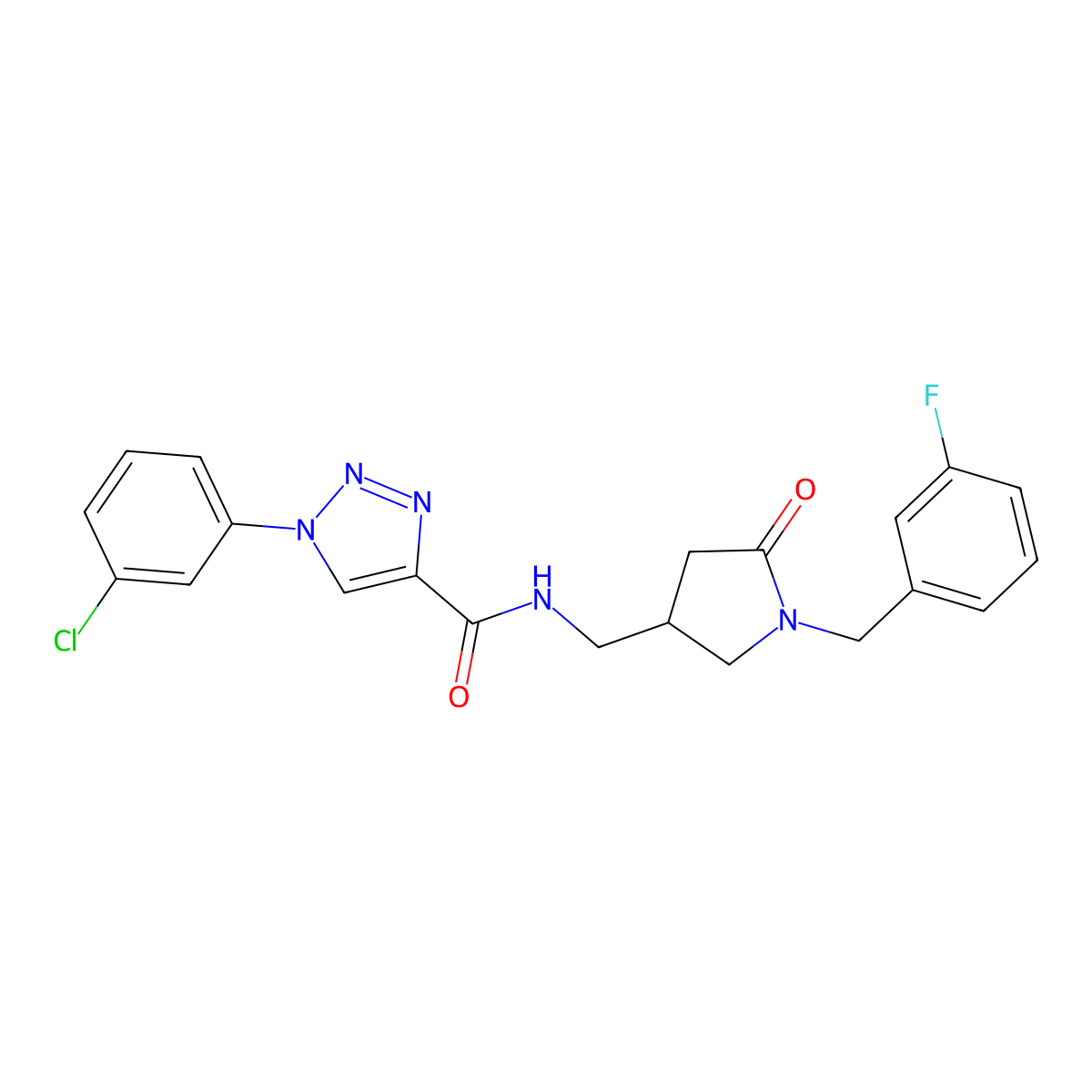 1-(3-chlorophenyl)-N-[[1-[(3-fluorophenyl)methyl]-5-oxopyrrolidin-3-yl]methyl]triazole-4-carboxamide molecular structure, CAS 3085415-73-9