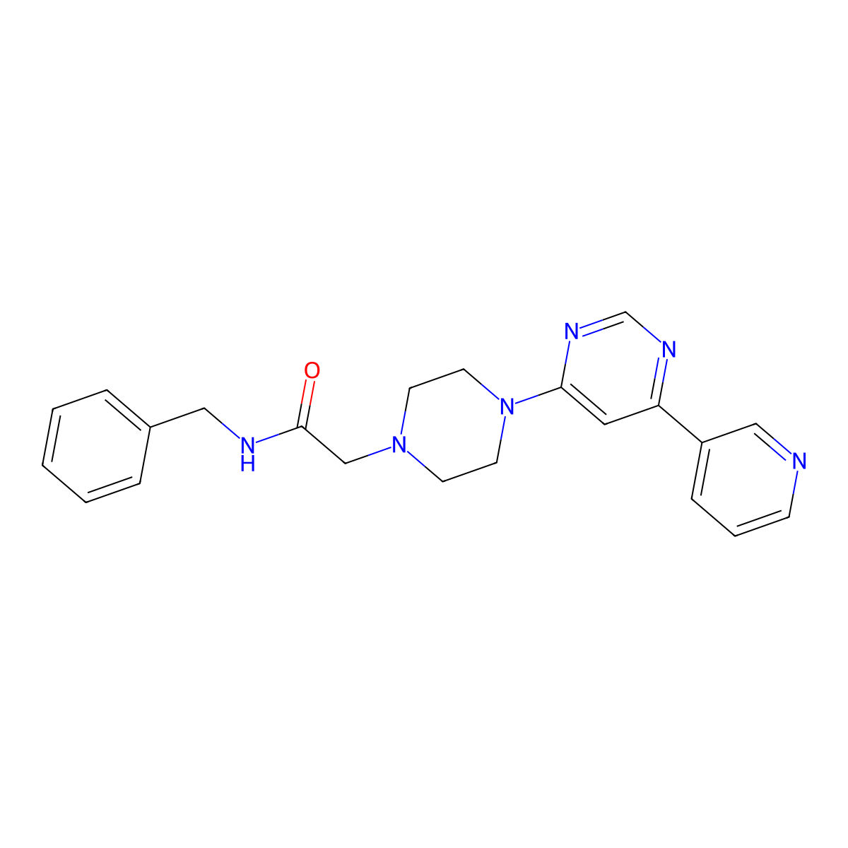 N-benzyl-2-[4-(6-pyridin-3-ylpyrimidin-4-yl)piperazin-1-yl]acetamide molecular structure, CAS 3085416-00-5
