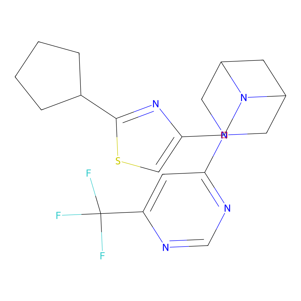 2-Cyclopentyl-4-[[3-[6-(trifluoromethyl)pyrimidin-4-yl]-3,6-diazabicyclo[3.1.1]heptan-6-yl]methyl]-1,3-thiazole molecular structure, CAS 3085416-52-7