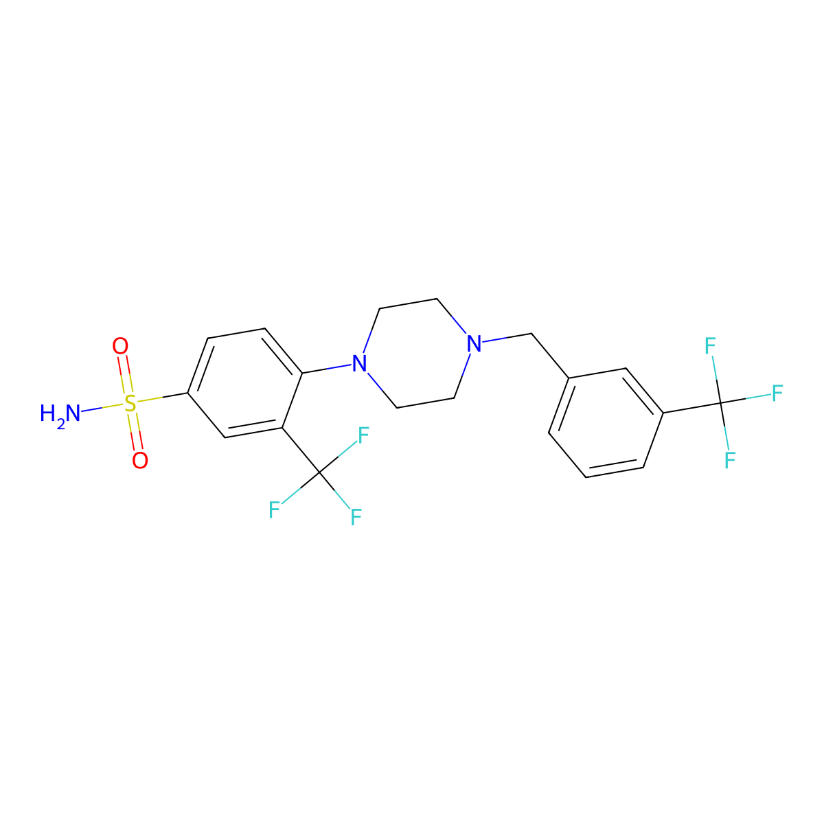 3-(Trifluoromethyl)-4-[4-[[3-(trifluoromethyl)phenyl]methyl]piperazin-1-yl]benzenesulfonamide molecular structure, CAS 3085439-72-8