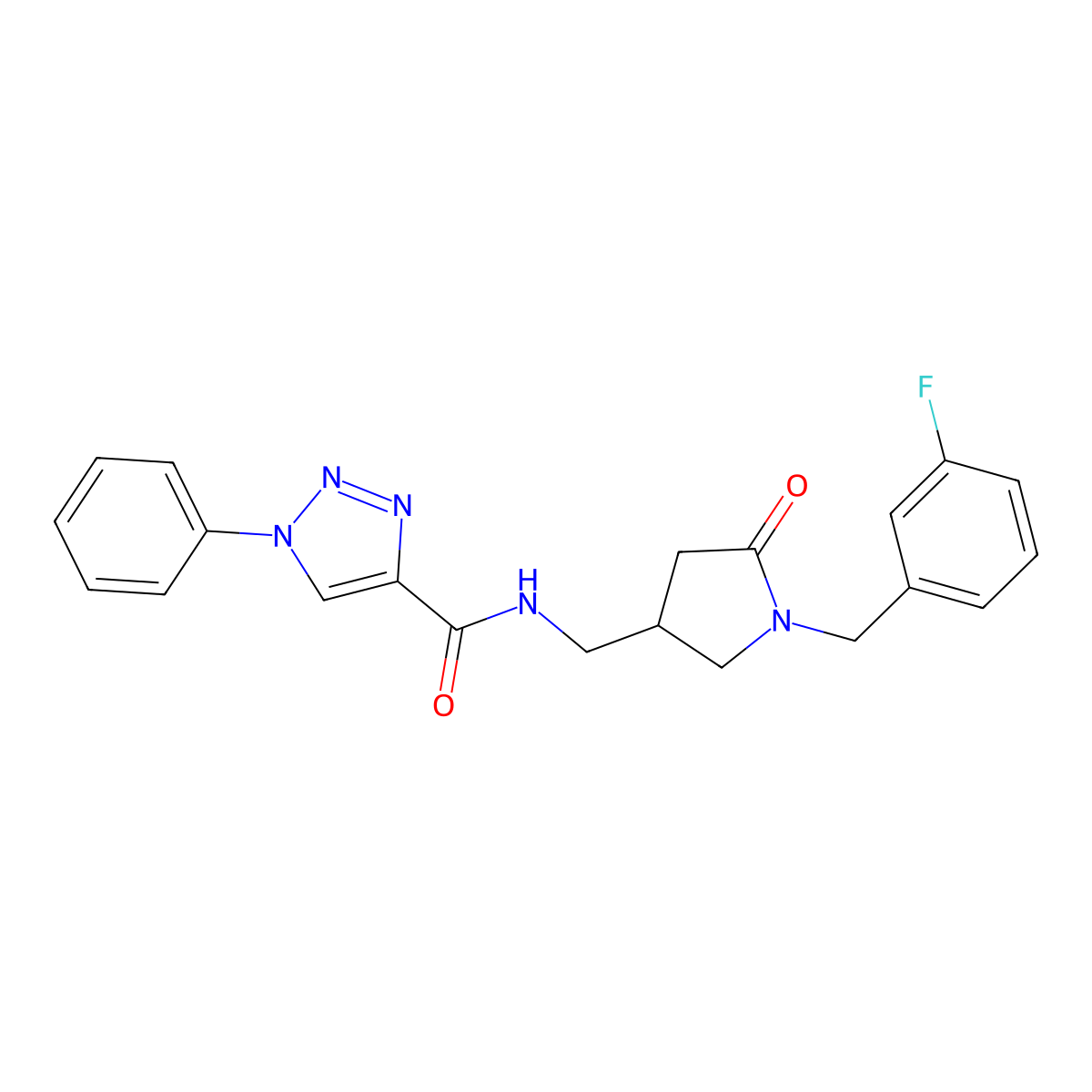 N-[[1-[(3-fluorophenyl)mezyl]-5-oxopyrrolidin-3-yl]methyl]-1-phenyltriazole-4-carboxamide molecular structure, CAS 3085440-93-0