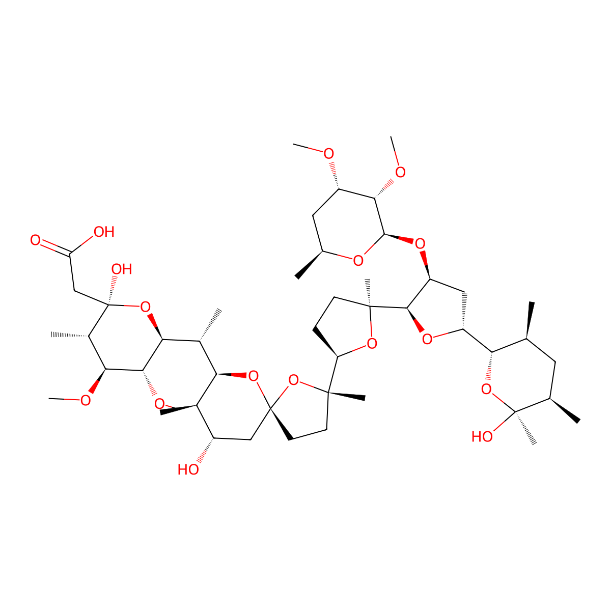 2-[(2R,3S,4S,5R,6S)-6-[(1R)-1-[(2S,5R,7S,8R,9S)-2-[(2S,2'R,3'S,5R,5'R)-3'-{[(2R,3S,4S,6S)-3,4-dimethoxy-6-methyloxan-2-yl]oxy}-5'-[(2S,3S,5R,6S)-6-hydroxy-3,5,6-trimethyloxan-2-yl]-2-methyl-[2,2'-bioxolan]-5-yl]-9-hydroxy-2,8-dimethyl-1,6-dioxaspiro[4.5]decan-7-yl]ethyl]-2-hydroxy-4,5-dimethoxy-3-methyloxan-2-yl]acetic acid molecular structure, CAS 3085544-81-3