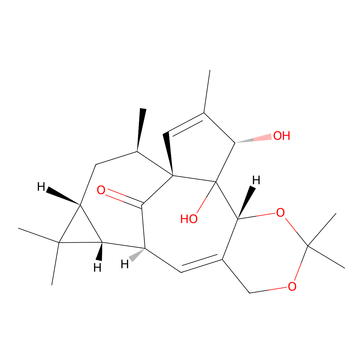 (6R)-6,6abeta,7abeta,8,9,12,12a,12bbeta-Octahydro-12alpha,12aalpha-dihydroxy-2,2,7,7,9beta,11-hexamethyl-7H-6beta,9abeta-methano-4H-cyclopenta[9,10]cyclopropa[5,6]cyclodeca[1,2-d]-1,3-dioxin-13-one molecular structure, CAS 3085620-22-7