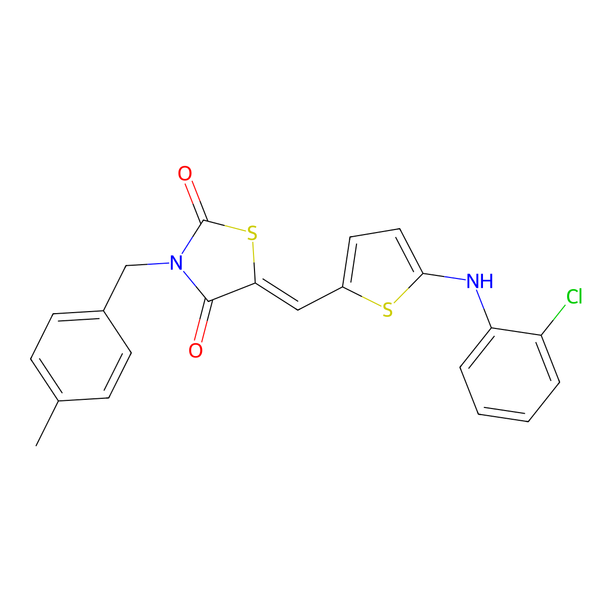 (5Z)-5-[[5-(2-chloroanilino)thiophen-2-yl]methylidene]-3-[(4-methylphenyl)methyl]-1,3-thiazolidine-2,4-dione molecular structure, CAS 3086376-12-4