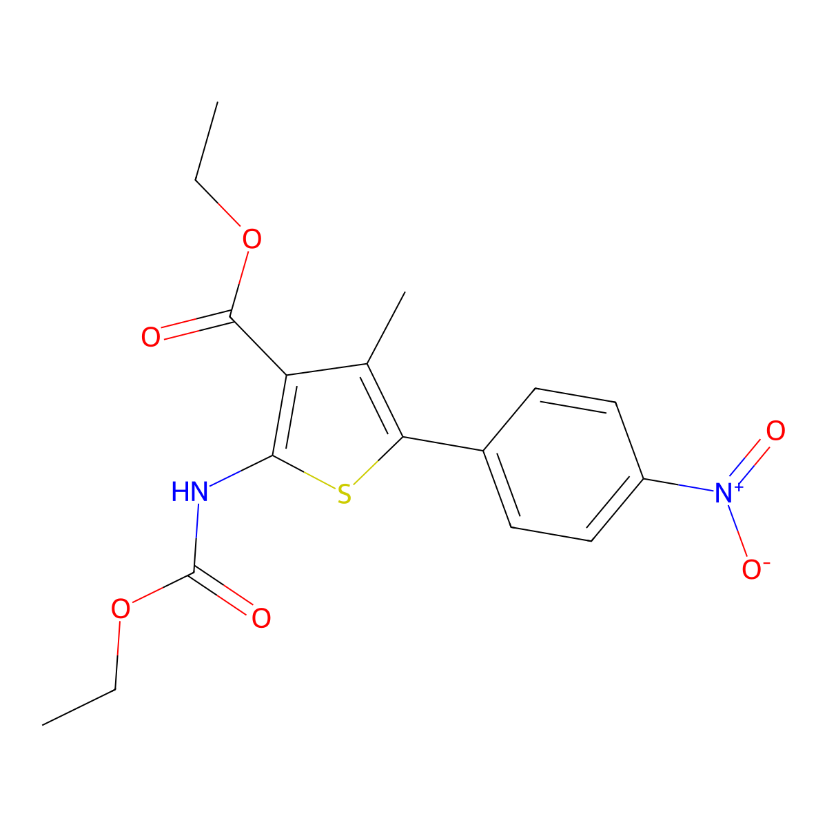 Ethyl-2-((ethoxycarbonyl)amino)-4-methyl-5-(4-nitrophenyl)thiophene-3-carboxylate molecular structure, CAS 308831-93-8