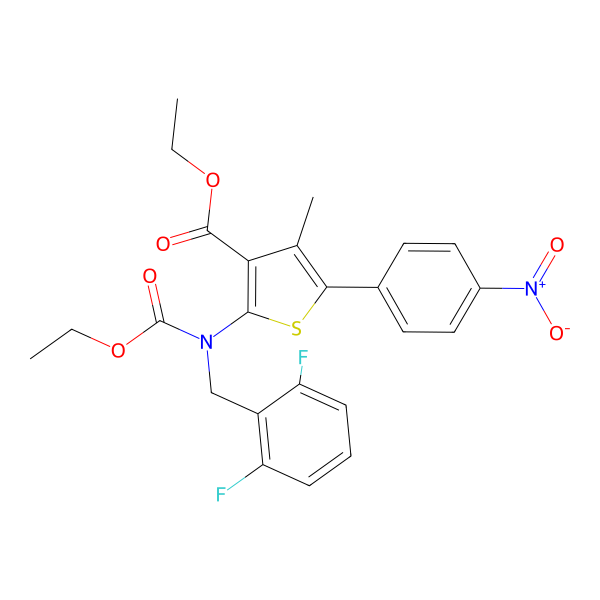 Ethyl 2-{[(2,6-difluorophenyl)methyl](ethoxycarbonyl)amino}-4-methyl-5-(4-nitrophenyl)thiophene-3-carboxylate molecular structure, CAS 308831-94-9