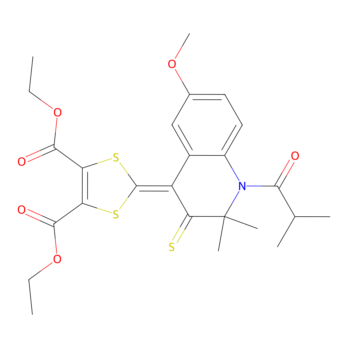 Diethyl 2-[6-methoxy-2,2-dimethyl-1-(2-methylpropanoyl)-3-sulfanylidenequinolin-4-ylidene]-1,3-dithiole-4,5-dicarboxylate molecular structure, CAS 309265-59-6