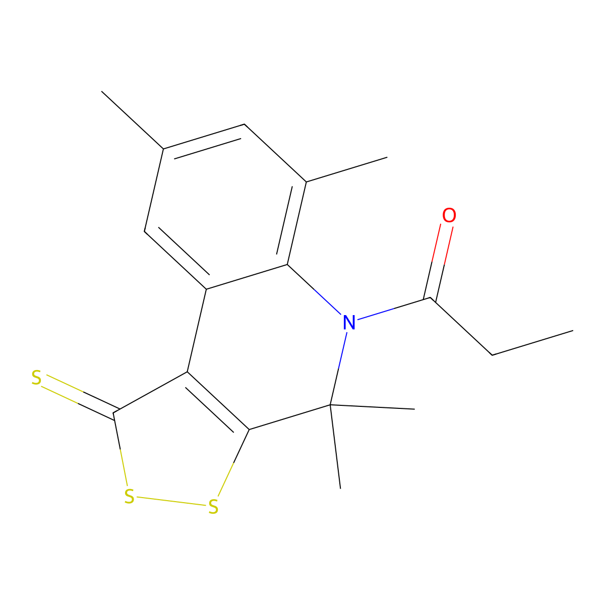 1-(1,4-Dihydro-4,4,6,8-tetramethyl-1-thioxo-5H-(1,2)dithiolo(3,4-c)quinolin-5-yl)-1-propanone molecular structure, CAS 309265-61-0