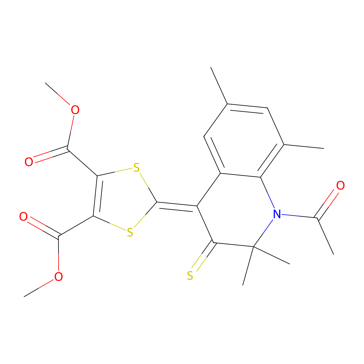 dimethyl 2-(1-acetyl-2,2,6,8-tetramethyl-3-thioxo-2,3-dihydroquinolin-4(1H)-ylidene)-1,3-dithiole-4,5-dicarboxylate molecular structure, CAS 309265-62-1