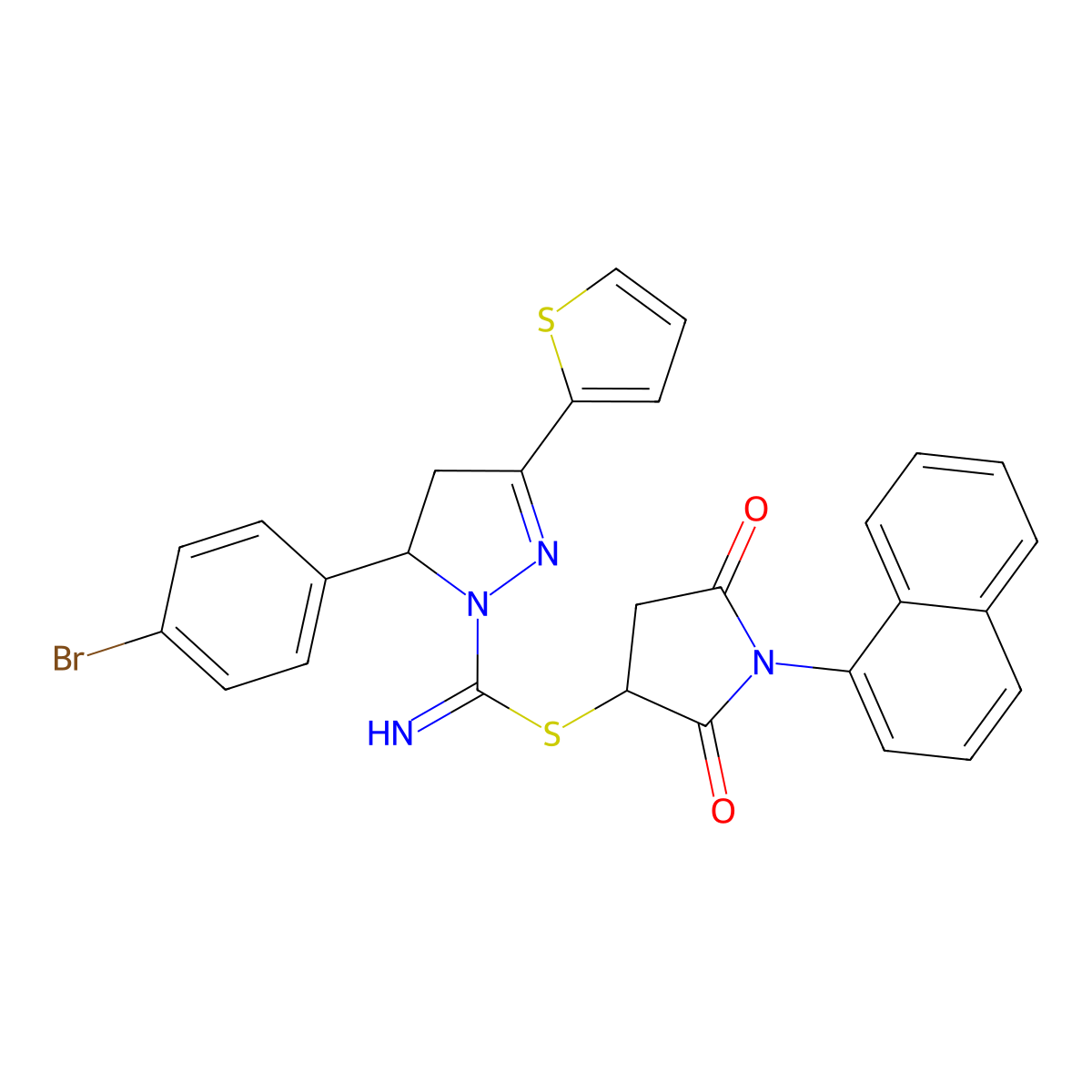 1-(naphthalen-1-yl)-2,5-dioxopyrrolidin-3-yl 5-(4-bromophenyl)-3-(thiophen-2-yl)-4,5-dihydro-1H-pyrazole-1-carbimidothioate molecular structure, CAS 309266-12-4