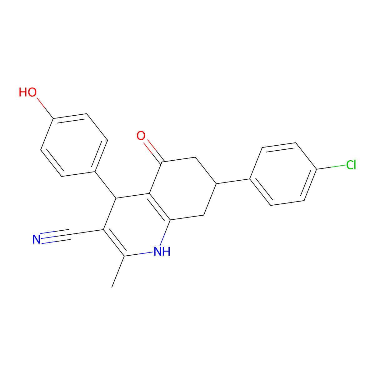 7-(4-Chlorophenyl)-4-(4-hydroxyphenyl)-2-methyl-5-oxo-1,4,5,6,7,8-hexahydroquinoline-3-carbonitrile molecular structure, CAS 309266-20-4