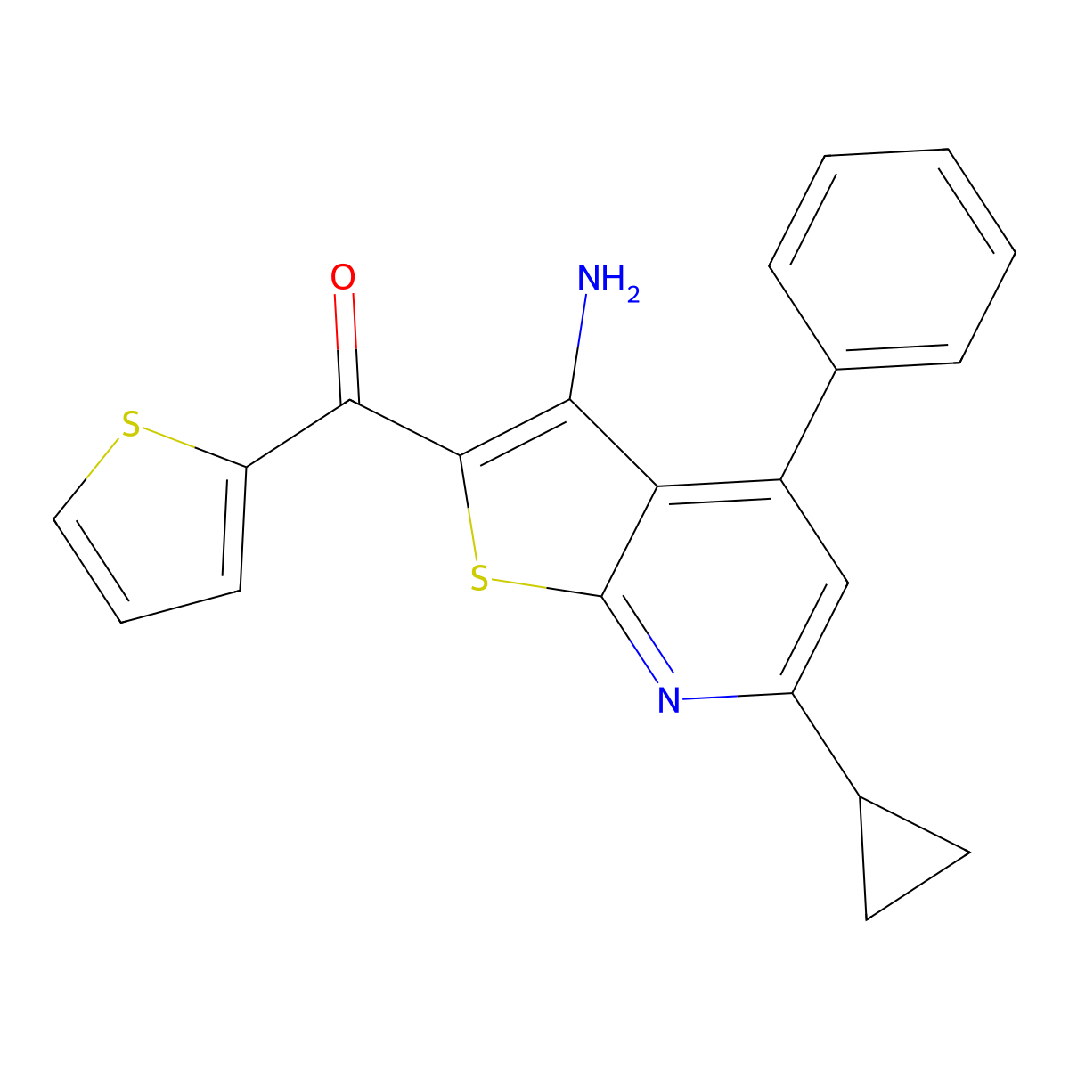 (3-Amino-6-cyclopropyl-4-phenylthieno[2,3-b]pyridin-2-yl)(thiophen-2-yl)methanone molecular structure, CAS 309266-90-8