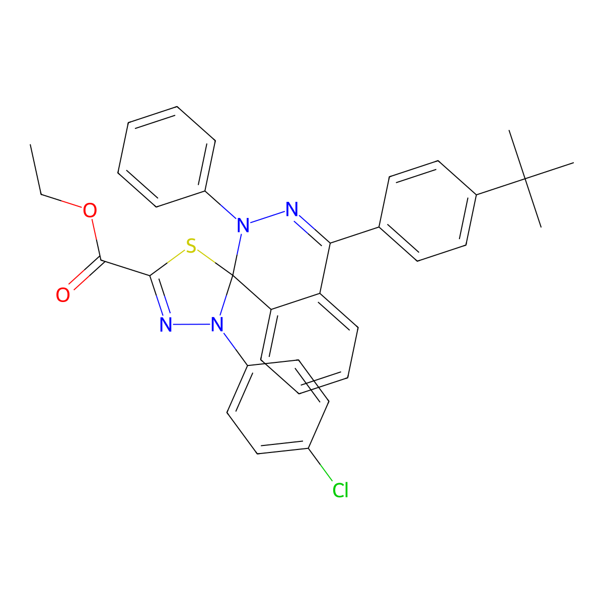 Ethyl 4'-(4-tert-butylphenyl)-4-(4-chlorophenyl)-2'-phenylspiro[1,3,4-thiadiazole-5,1'-phthalazine]-2-carboxylate molecular structure, CAS 309267-23-0