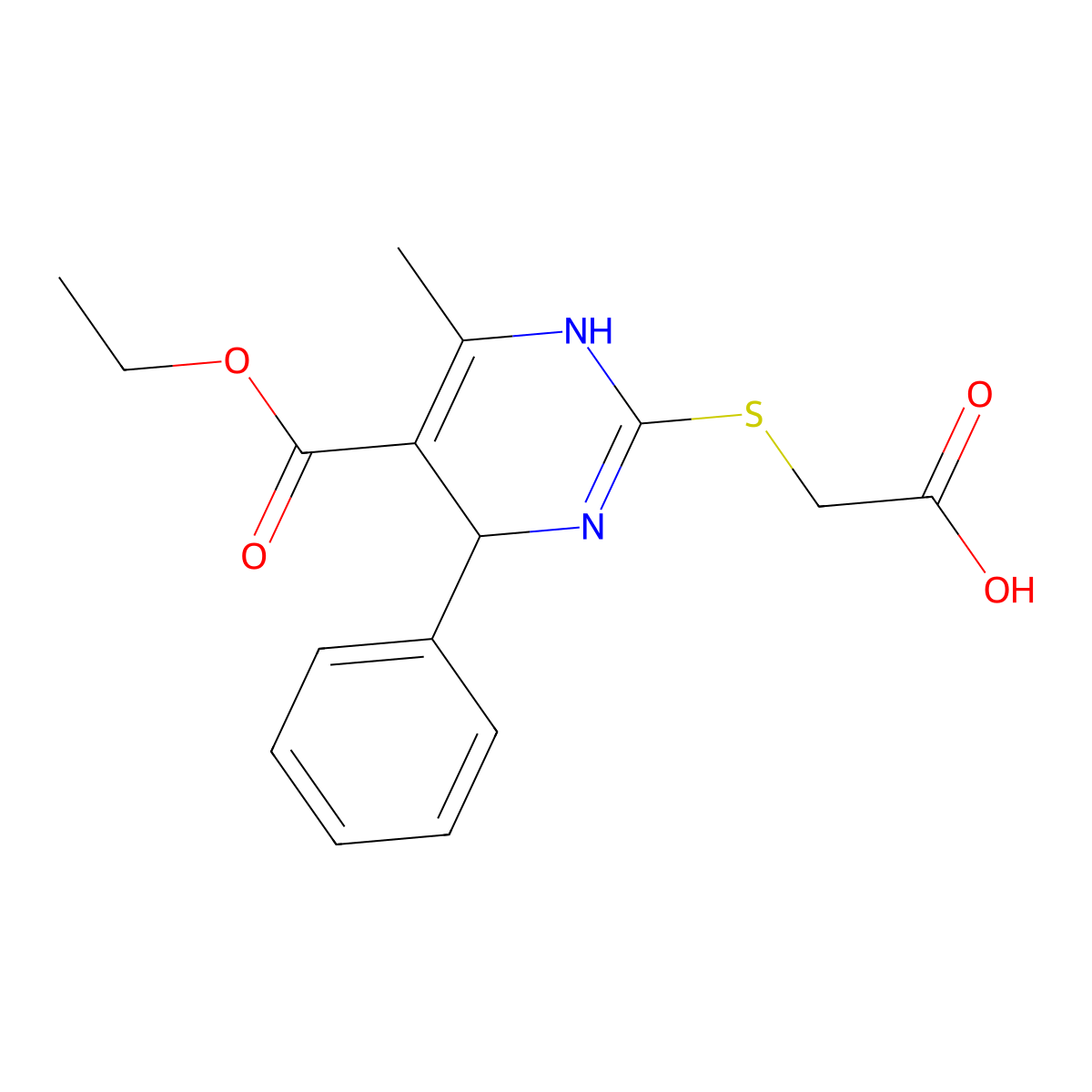2-((5-(Ethoxycarbonyl)-4-methyl-6-phenyl-1,6-dihydropyrimidin-2-yl)thio)acetic acid molecular structure, CAS 309268-24-4