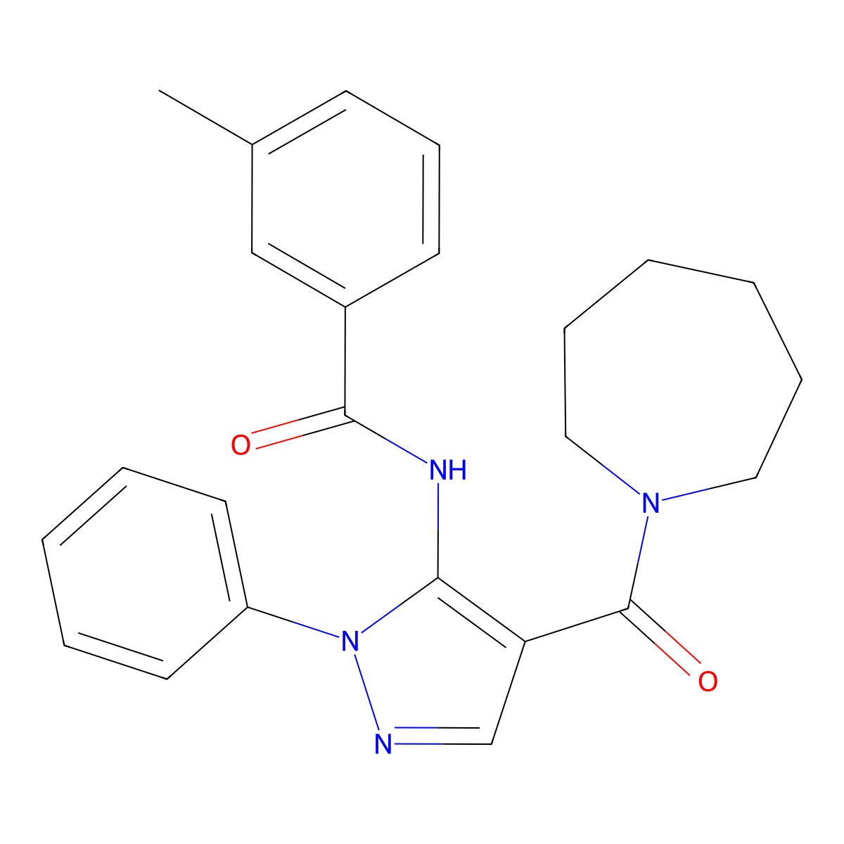 N-[4-(azepane-1-carbonyl)-2-phenylpyrazol-3-yl]-3-methylbenzamide molecular structure, CAS 309268-97-1