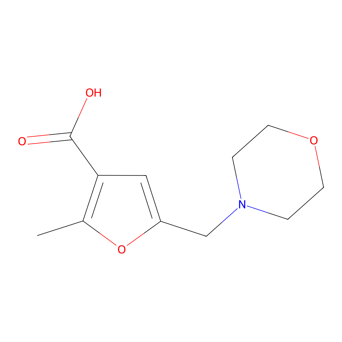 2-Methyl-5-morpholin-4-ylmethyl-furan-3-carboxylic acid molecular structure, CAS 309271-37-2