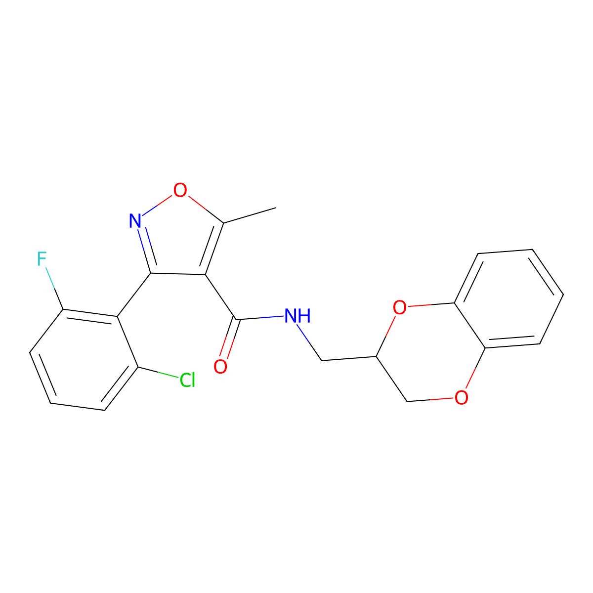 3-(2-chloro-6-fluorophenyl)-N-(2,3-dihydro-1,4-benzodioxin-3-ylmethyl)-5-methyl-1,2-oxazole-4-carboxamide molecular structure, CAS 309273-56-1