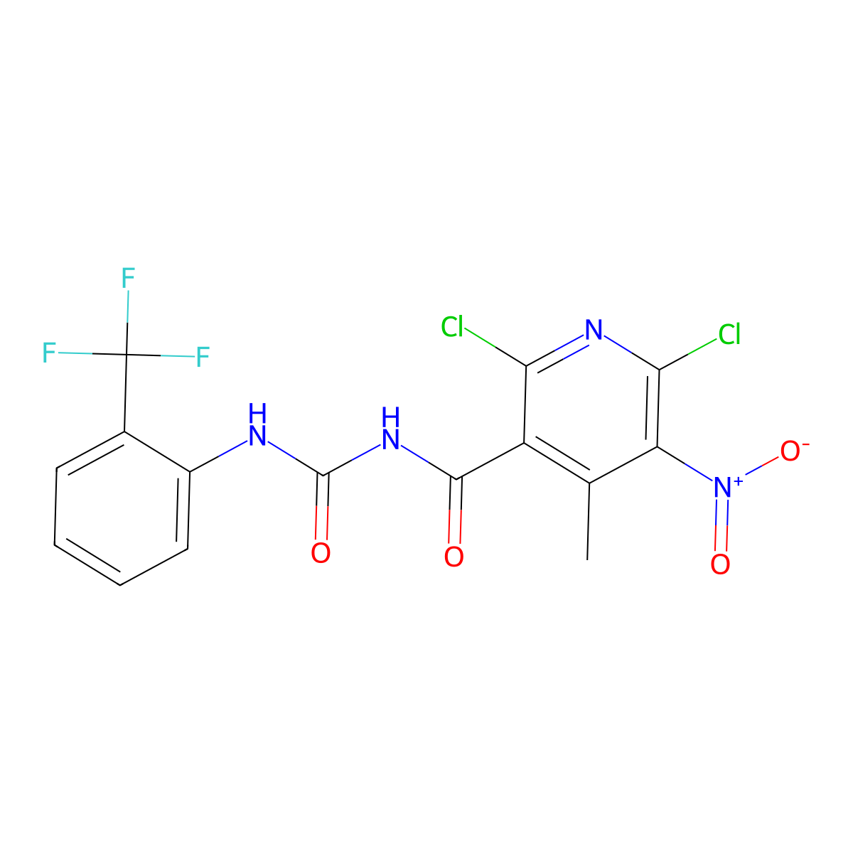 2,6-Dichloro-4-methyl-5-nitro-N-(((2-(trifluoromethyl)phenyl)amino)carbonyl)-3-pyridinecarboxamide molecular structure, CAS 309275-49-8