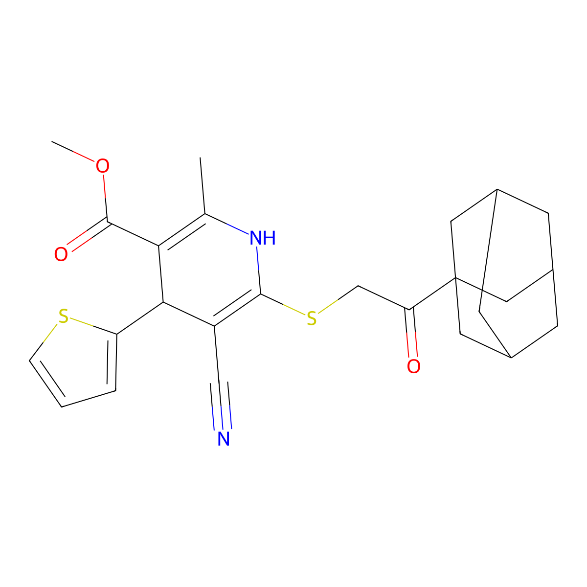 Methyl 6-[2-(1-adamantyl)-2-oxoethyl]sulfanyl-5-cyano-2-methyl-4-thiophen-2-yl-1,4-dihydropyridine-3-carboxylate molecular structure, CAS 309275-92-1
