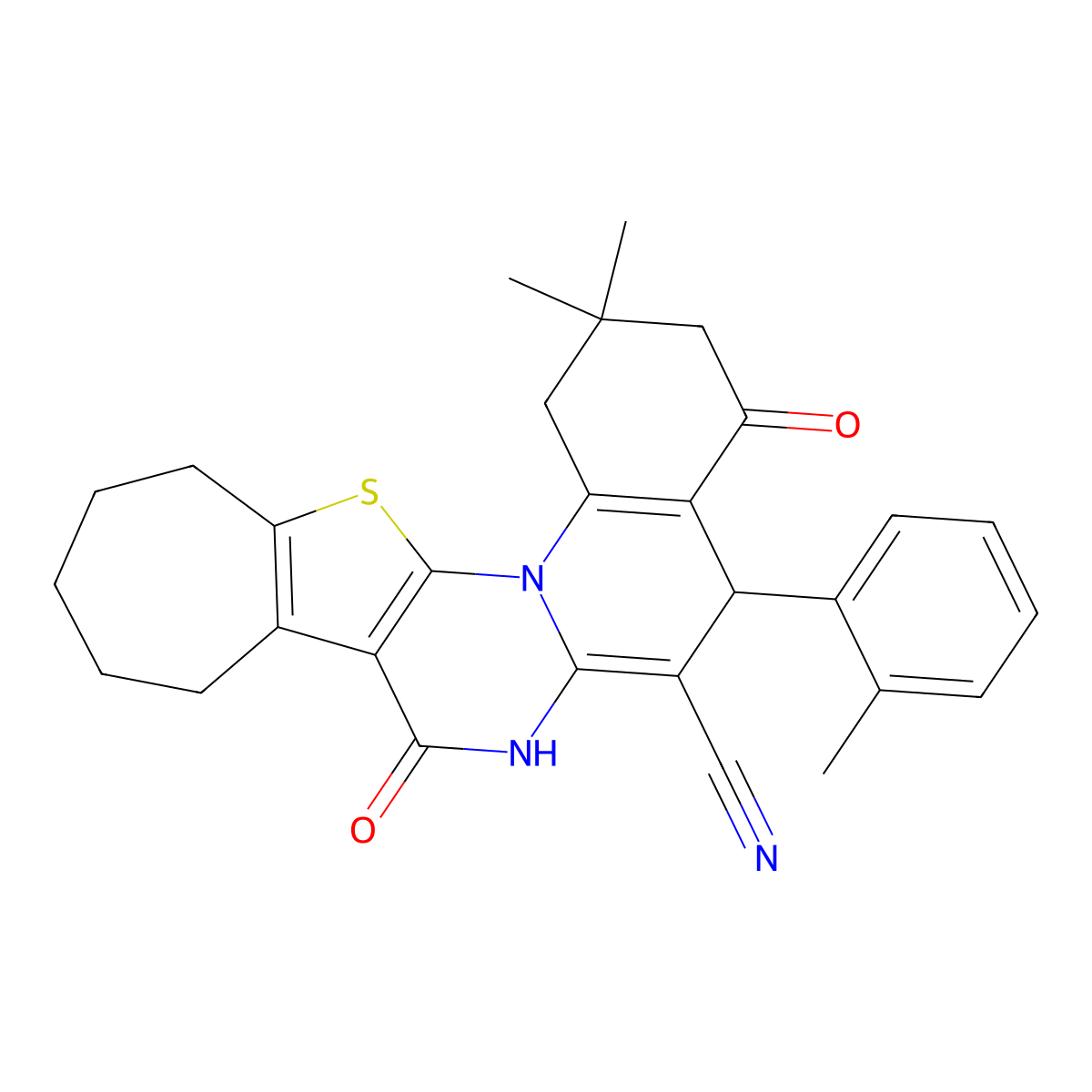 2,2-dimethyl-5-(2-methylphenyl)-4,8-dioxo-1,3,4,5,7,8,10,11,12,13-decahydro-2H,9H-cyclohepta[4',5']thieno[3',2':5,6]pyrimido[1,2-a]quinoline-6-carbonitrile molecular structure, CAS 309276-56-0