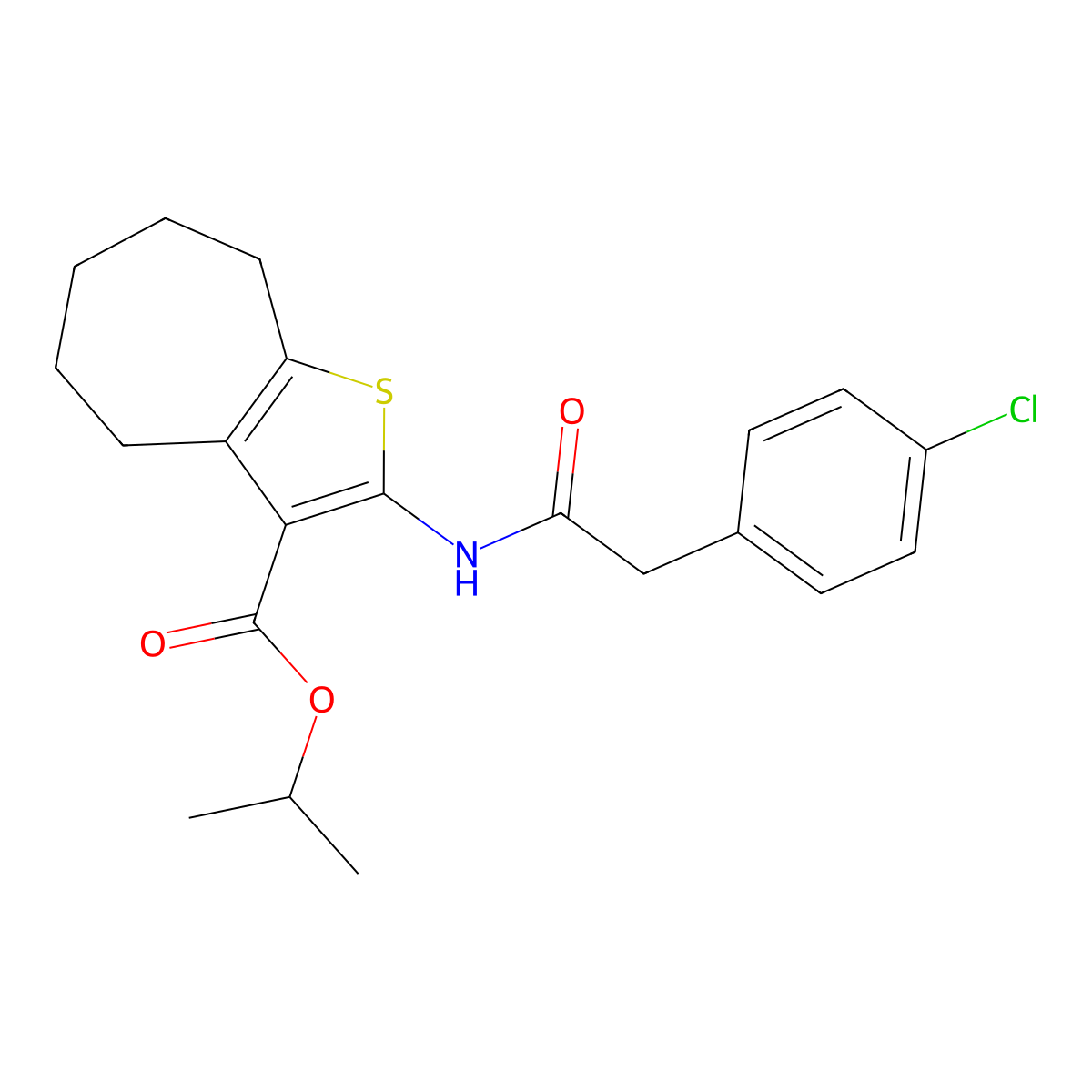 isopropyl 2-{[(4-chlorophenyl)acetyl]amino}-5,6,7,8-tetrahydro-4H-cyclohepta[b]thiophene-3-carboxylate molecular structure, CAS 309276-87-7