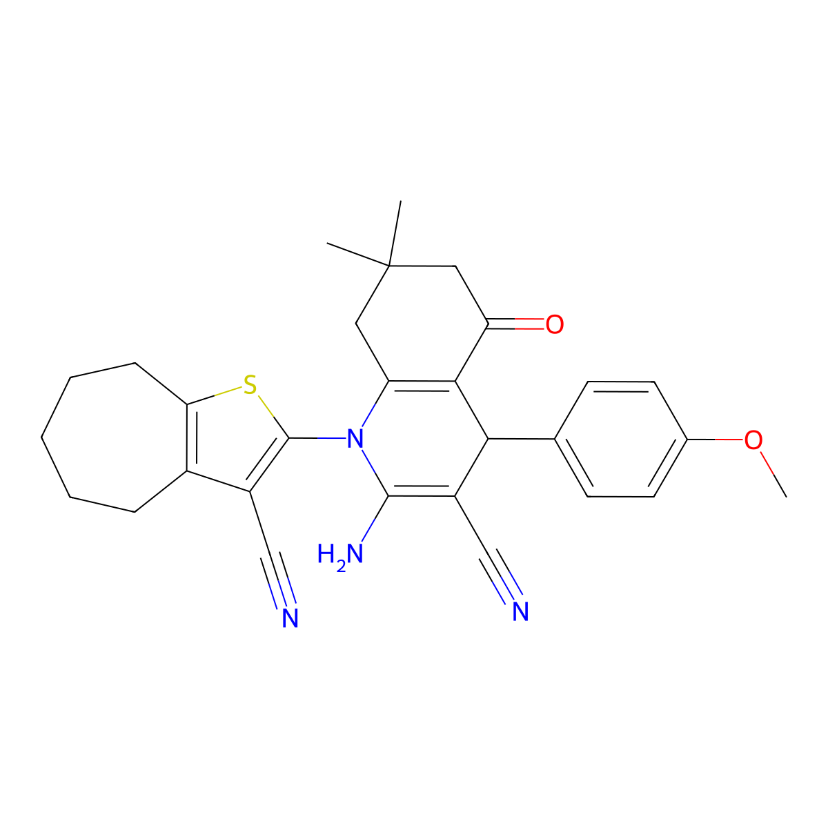 2-Amino-1-(3-cyano-5,6,7,8-tetrahydro-4H-cyclohepta(B)thien-2-YL)-4-(4-M ethoxyphenyl)-7,7-dimethyl-5-oxo-1,4,5,6,7,8-hexahydro-3-quinolinecarbon itrile molecular structure, CAS 309277-28-9