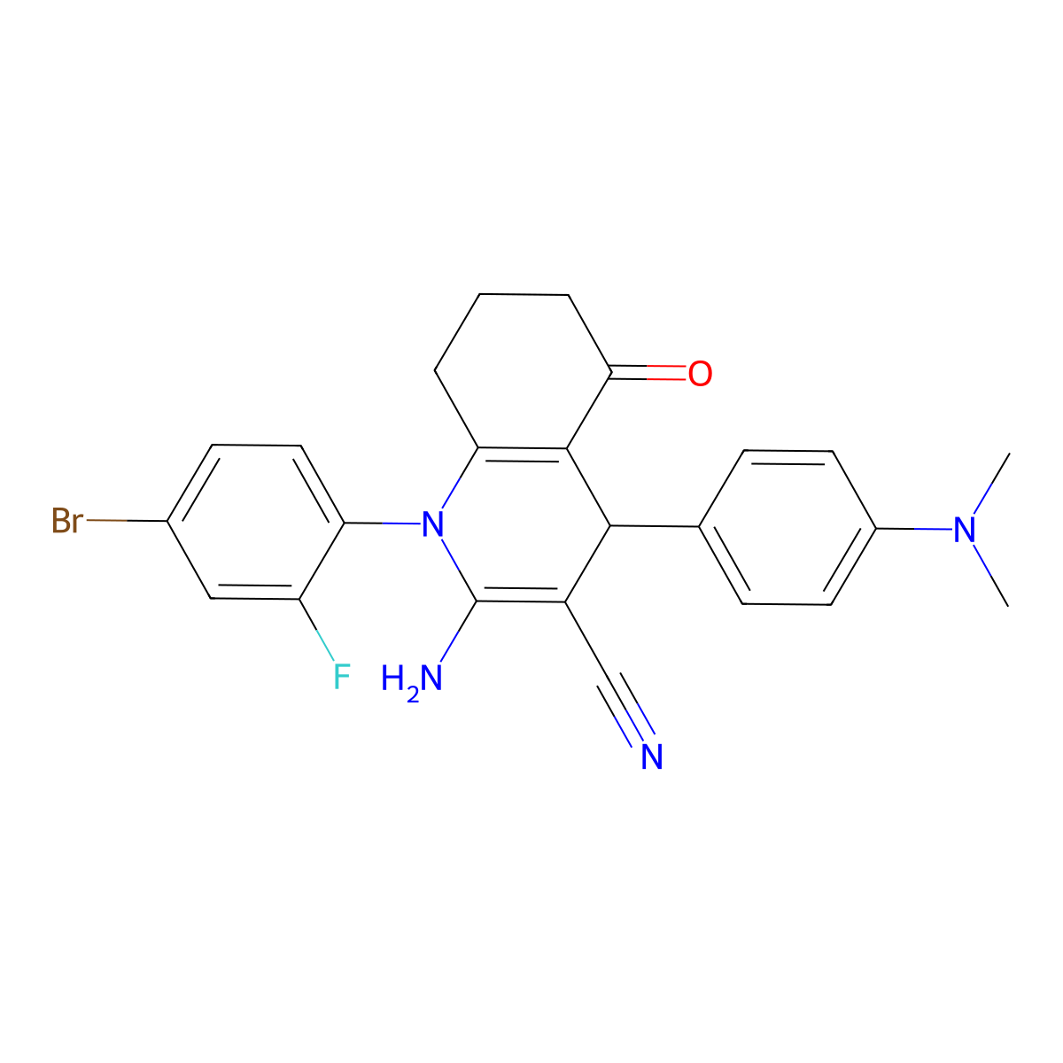 2-Amino-1-(4-bromo-2-fluorophenyl)-4-[4-(dimethylamino)phenyl]-5-oxo-1,4,5,6,7,8-hexahydro-3-quinolinecarbonitrile molecular structure, CAS 309277-31-4