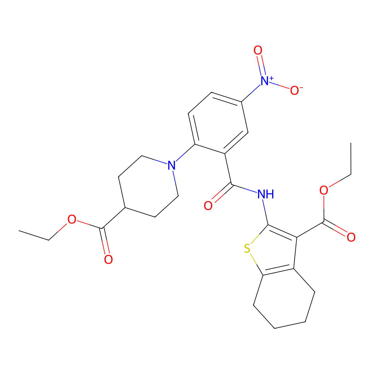 Ethyl 1-(2-{[3-(ethoxycarbonyl)-4,5,6,7-tetrahydro-1-benzothiophen-2-yl]carbamoyl}-4-nitrophenyl)piperidine-4-carboxylate molecular structure, CAS 309278-14-6