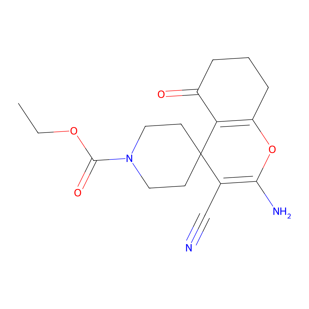 2-amino-3-cyano-1'-ethoxycarbonyl-5-oxo-5,6,7,8-tetrahydrospiro[4H-chromene-4,4'-piperidine] molecular structure, CAS 309278-18-0