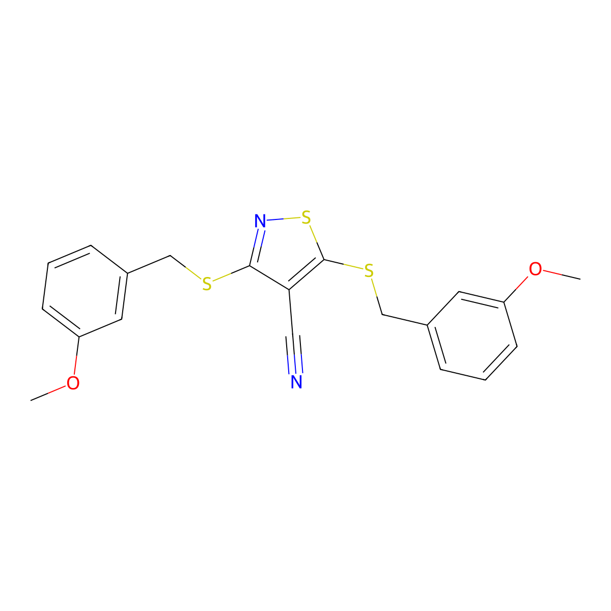 3,5-Bis[(3-methoxyphenyl)methylsulfanyl]-1,2-thiazole-4-carbonitrile molecular structure, CAS 309278-29-3