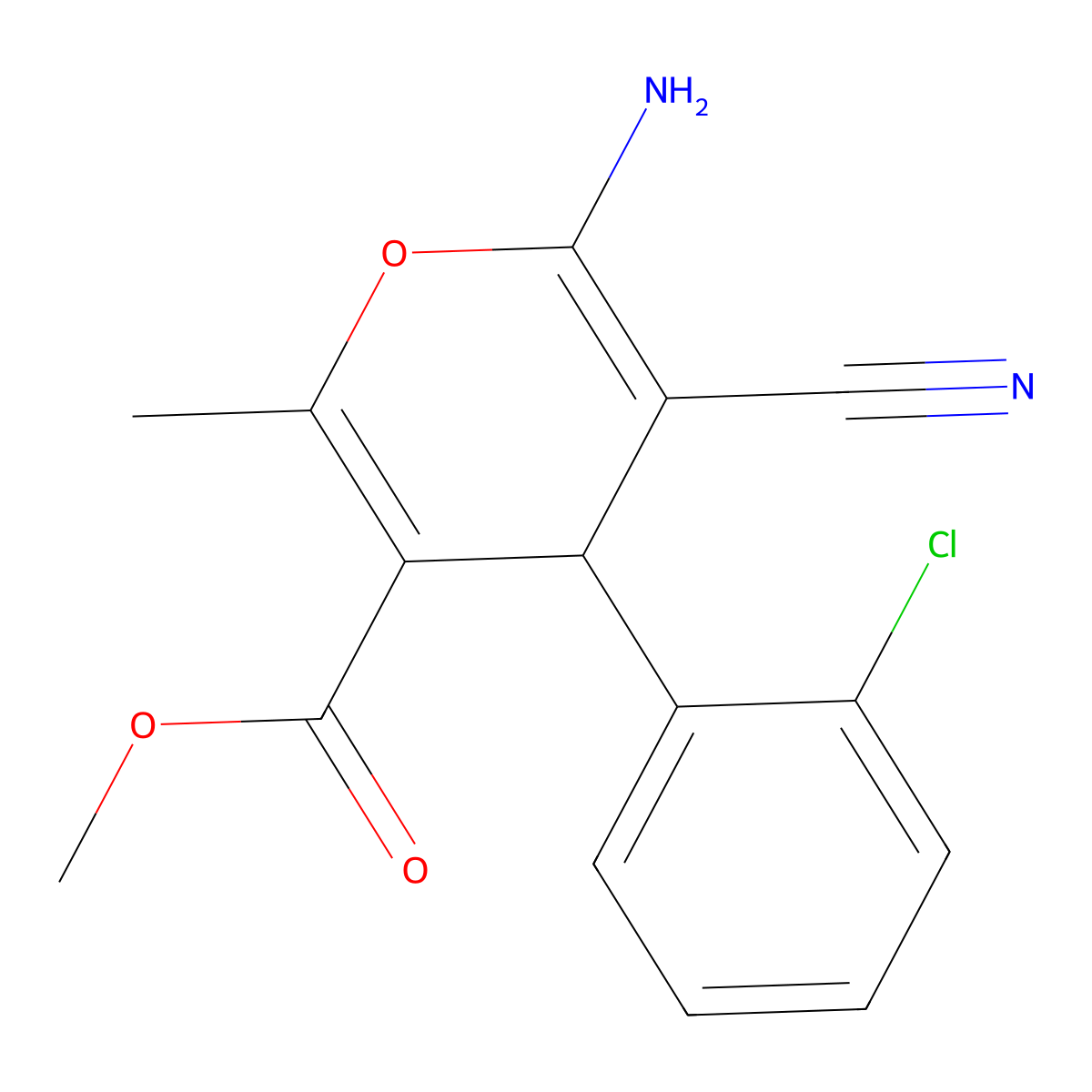 methyl 6-amino-4-(2-chlorophenyl)-5-cyano-2-methyl-4H-pyran-3-carboxylate molecular structure, CAS 309278-30-6