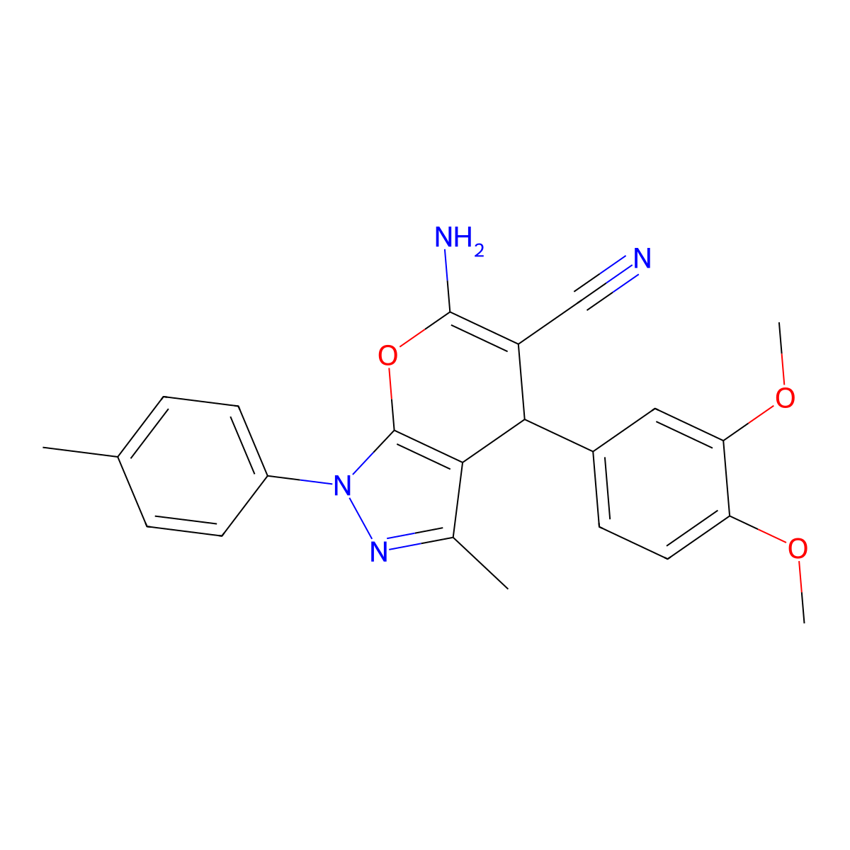 6-Amino-4-(3,4-dimethoxyphenyl)-3-methyl-1-(4-methylphenyl)-1,4-dihydropyrano[2,3-c]pyrazole-5-carbonitrile molecular structure, CAS 309278-34-0