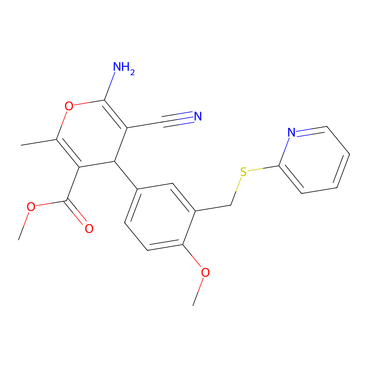 6-Amino-5-cyano-4-[4-methoxy-3-(pyridin-2-ylsulfanylmethyl)-phenyl]-2-methyl-4H-pyran-3-carboxylic acid methyl ester molecular structure, CAS 309278-36-2