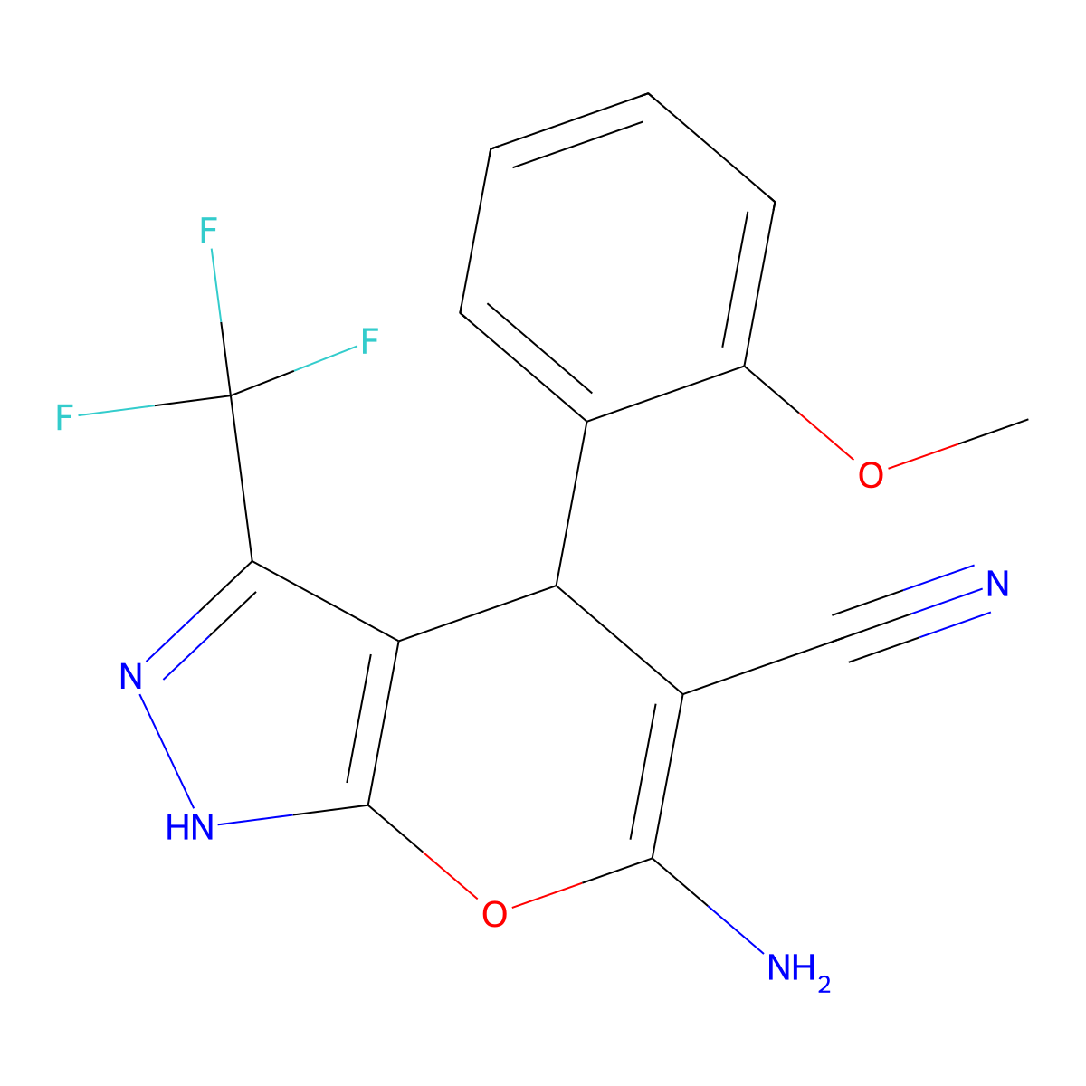 6-Amino-4-(2-methoxyphenyl)-3-(trifluoromethyl)-2,4-dihydropyrano[2,3-c]pyrazole-5-carbonitrile molecular structure, CAS 309278-38-4
