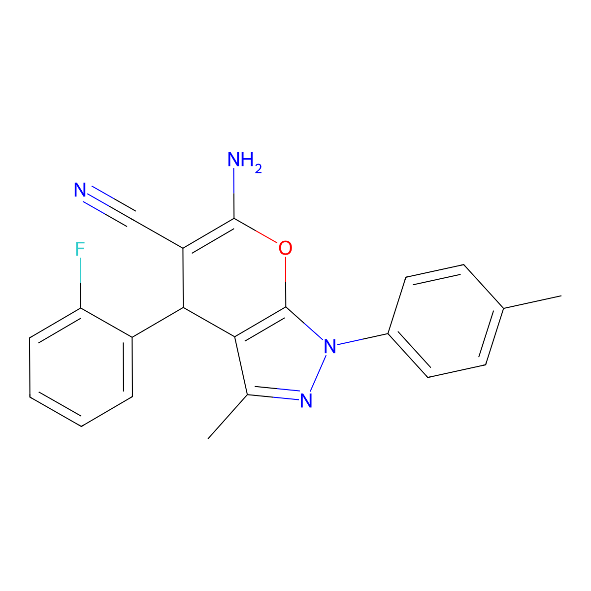 6-Amino-4-(2-fluorophenyl)-3-methyl-1-(4-methylphenyl)-1,4-dihydropyrano[2,3-c]pyrazole-5-carbonitrile molecular structure, CAS 309278-39-5