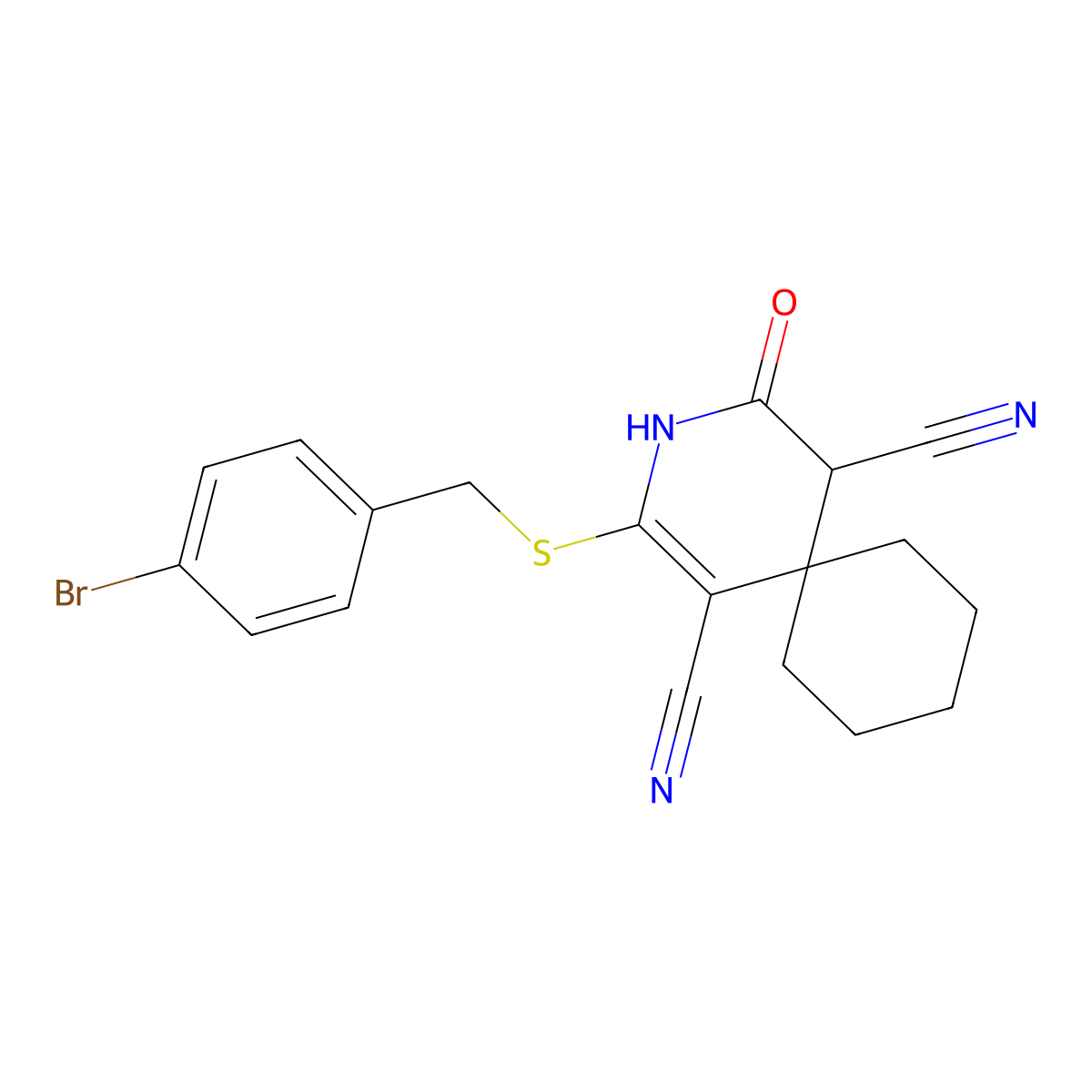 2-[(4-Bromobenzyl)sulfanyl]-4-oxo-3-azaspiro[5.5]undec-1-ene-1,5-dicarbonitrile molecular structure, CAS 309278-43-1