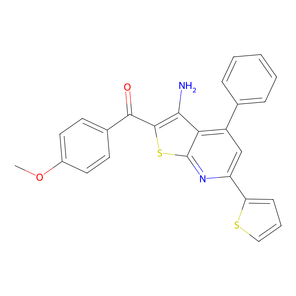 (3-Amino-4-phenyl-6-thiophen-2-ylthieno[2,3-b]pyridin-2-yl)-(4-methoxyphenyl)methanone molecular structure, CAS 309278-45-3