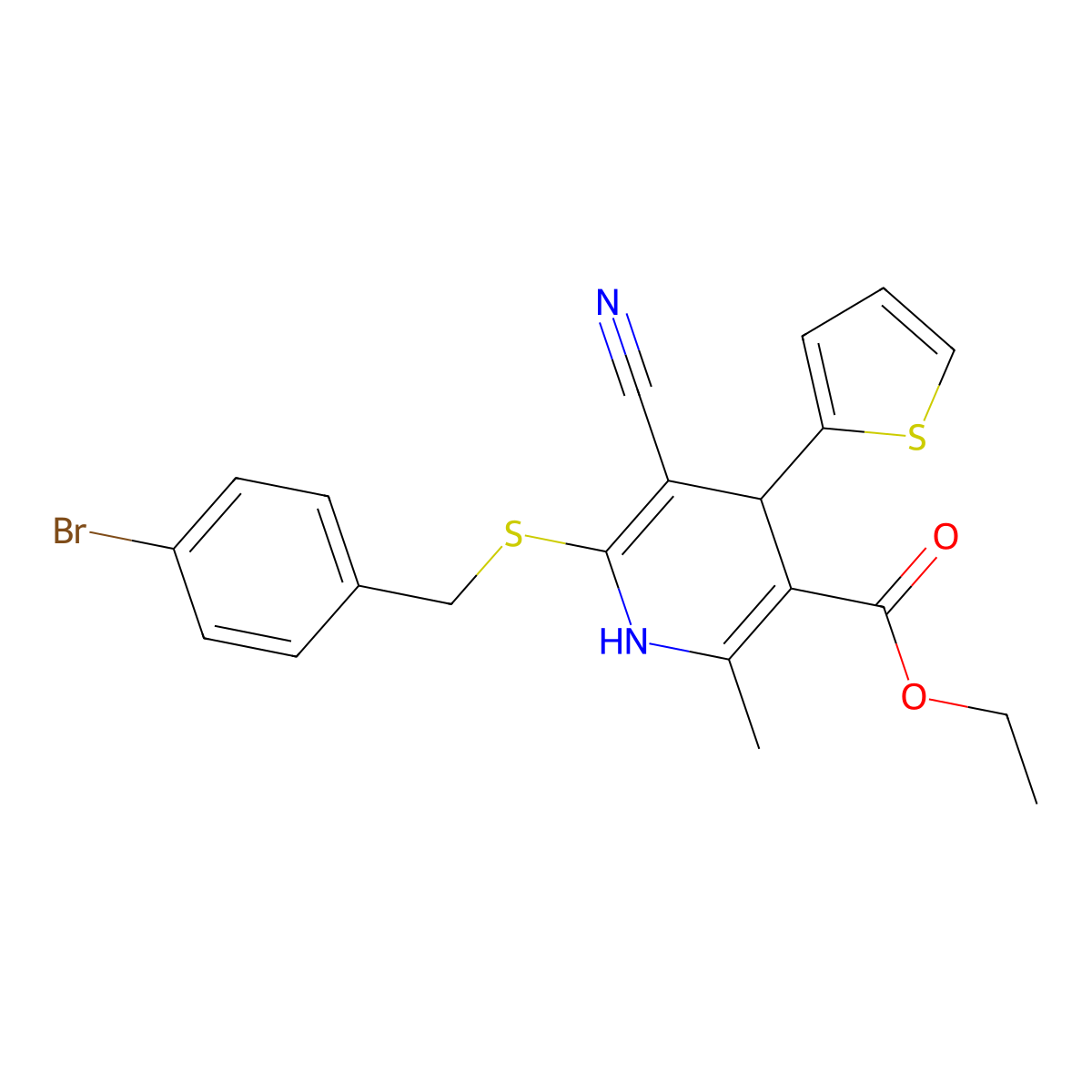 Ethyl 6-[(4-bromophenyl)methylsulfanyl]-5-cyano-2-methyl-4-thiophen-2-yl-1,4-dihydropyridine-3-carboxylate molecular structure, CAS 309278-49-7