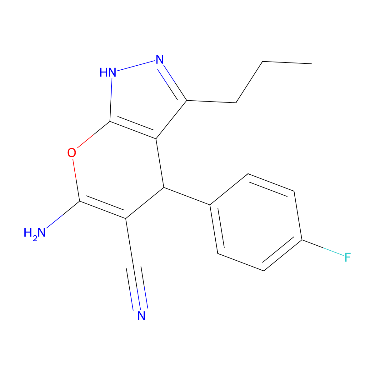 6-Amino-4-(4-fluorophenyl)-3-propyl-2,4-dihydropyrano[2,3-c]pyrazole-5-carbonitrile molecular structure, CAS 309278-52-2